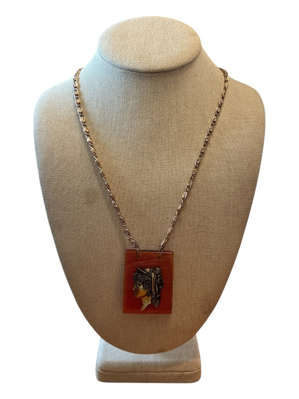 🔵 Vintage-Style Orange Brown Pendant Necklace with Portrait Motif ~ 26 Inches